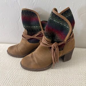 JustFab Tan Suede Heeled Ankle Boots with Multicolor Knit Cuff